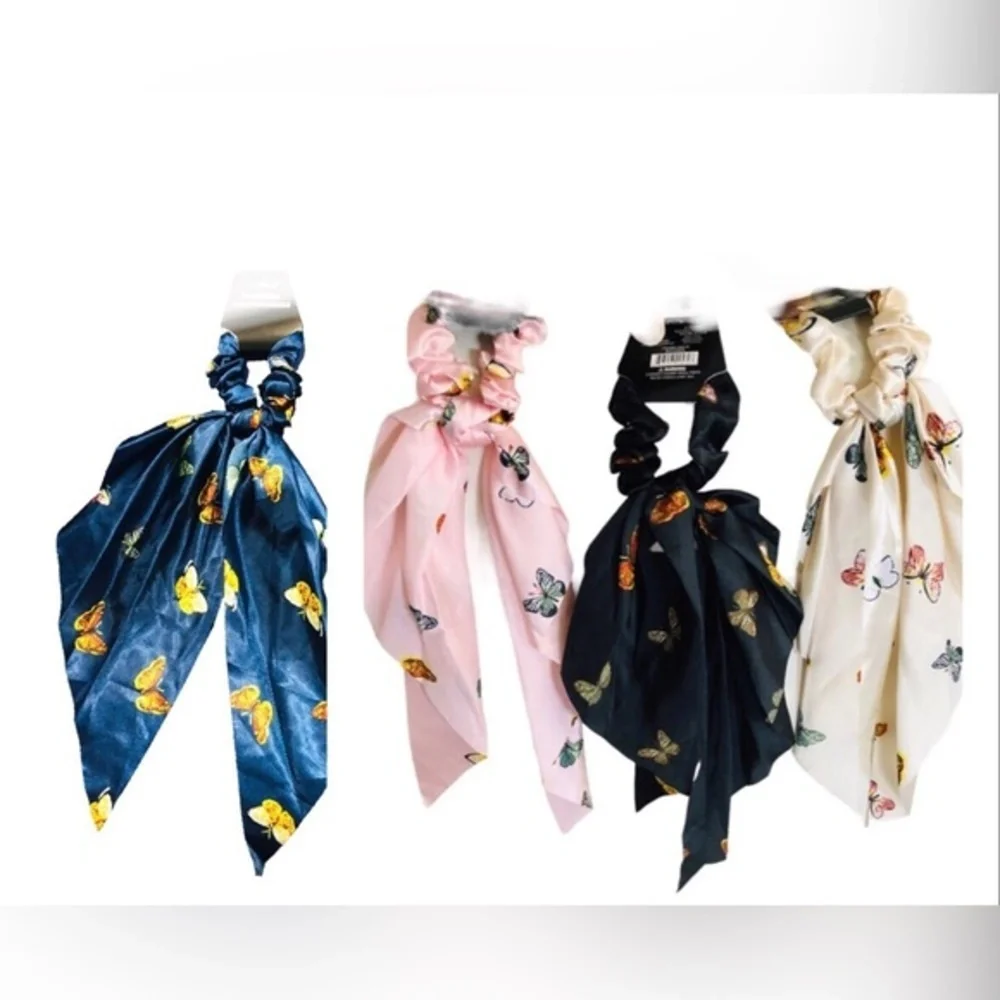 4 Butterfly print satin‎ look black, pink, blue ivory hair scrunchie scarves new